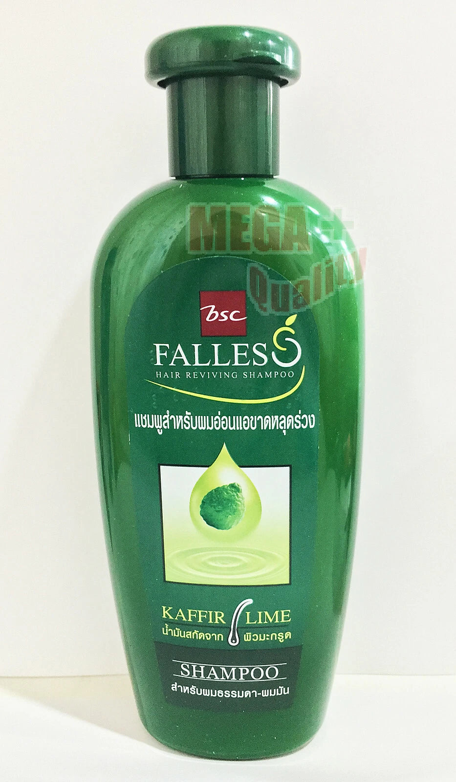 Front close-up of Falles Kaffir Lime Hair Reviving Shampoo 300 ml green bottle highlighting product label.