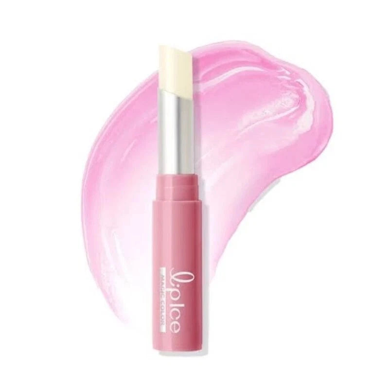 Lip balm stick with product swatch in soft pink color