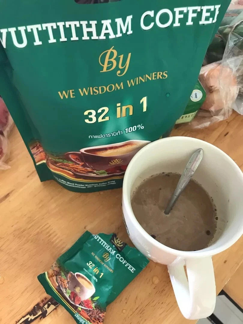 Wuttitham Instant Coffee sachet being poured into a cup for healthy weight control