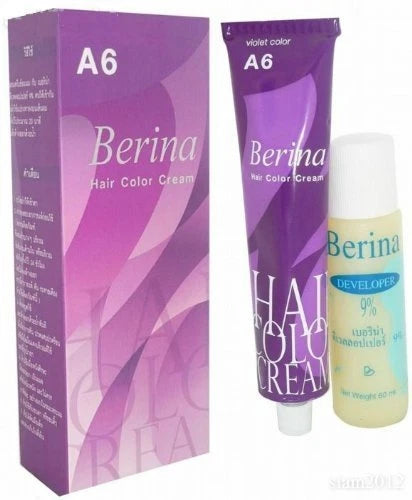 Berina A6 Violet Hair Dye 60g tube with developer and box packaging