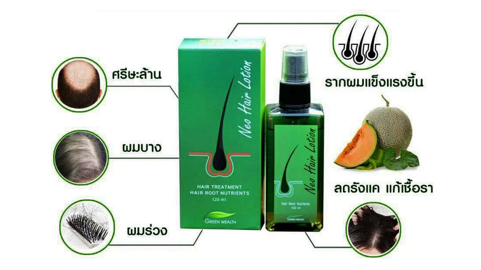 Neo Hair Lotion 120ml bottle and box with natural herbal ingredient images
