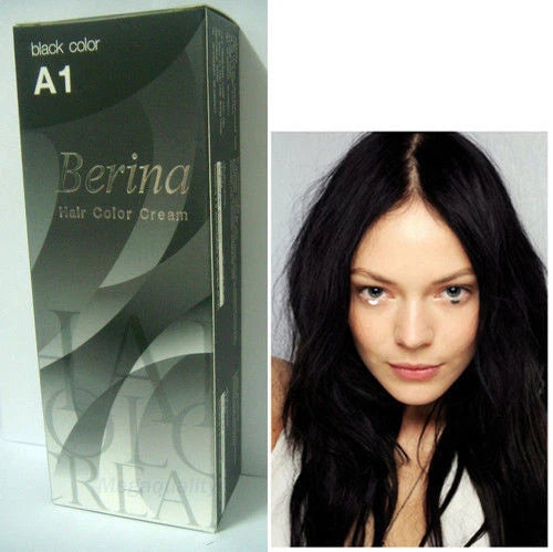 Berina A01 Black hair dye box with model showing long black hair