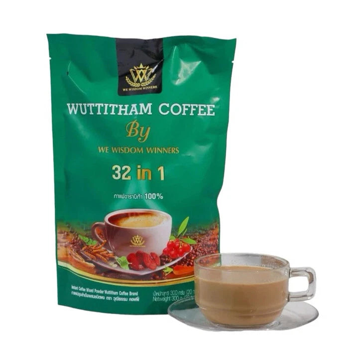 Wuttitham Instant Coffee 22 in 1 pack with hot coffee cup on table
