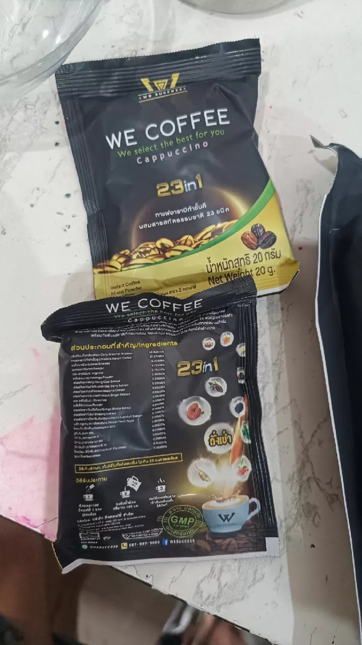 WE Coffee 23 in 1 instant coffee pack placed on a flat surface.