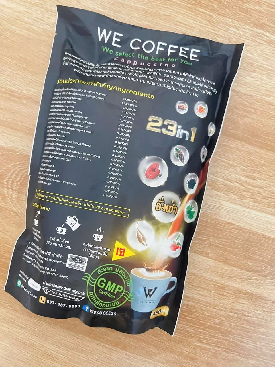 Back of WE Coffee 23 in 1 package showing nutrition facts and product details.