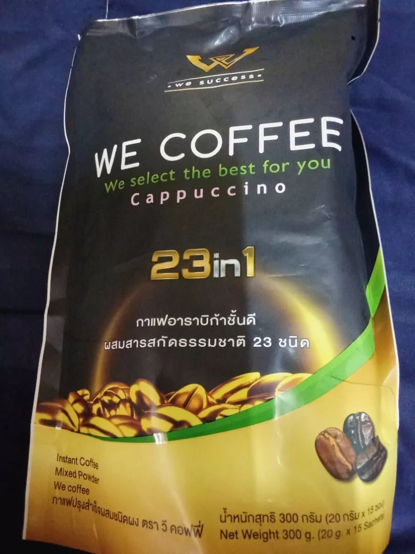 Front packaging of WE Coffee 23 in 1 with golden label and Arabica coffee design.