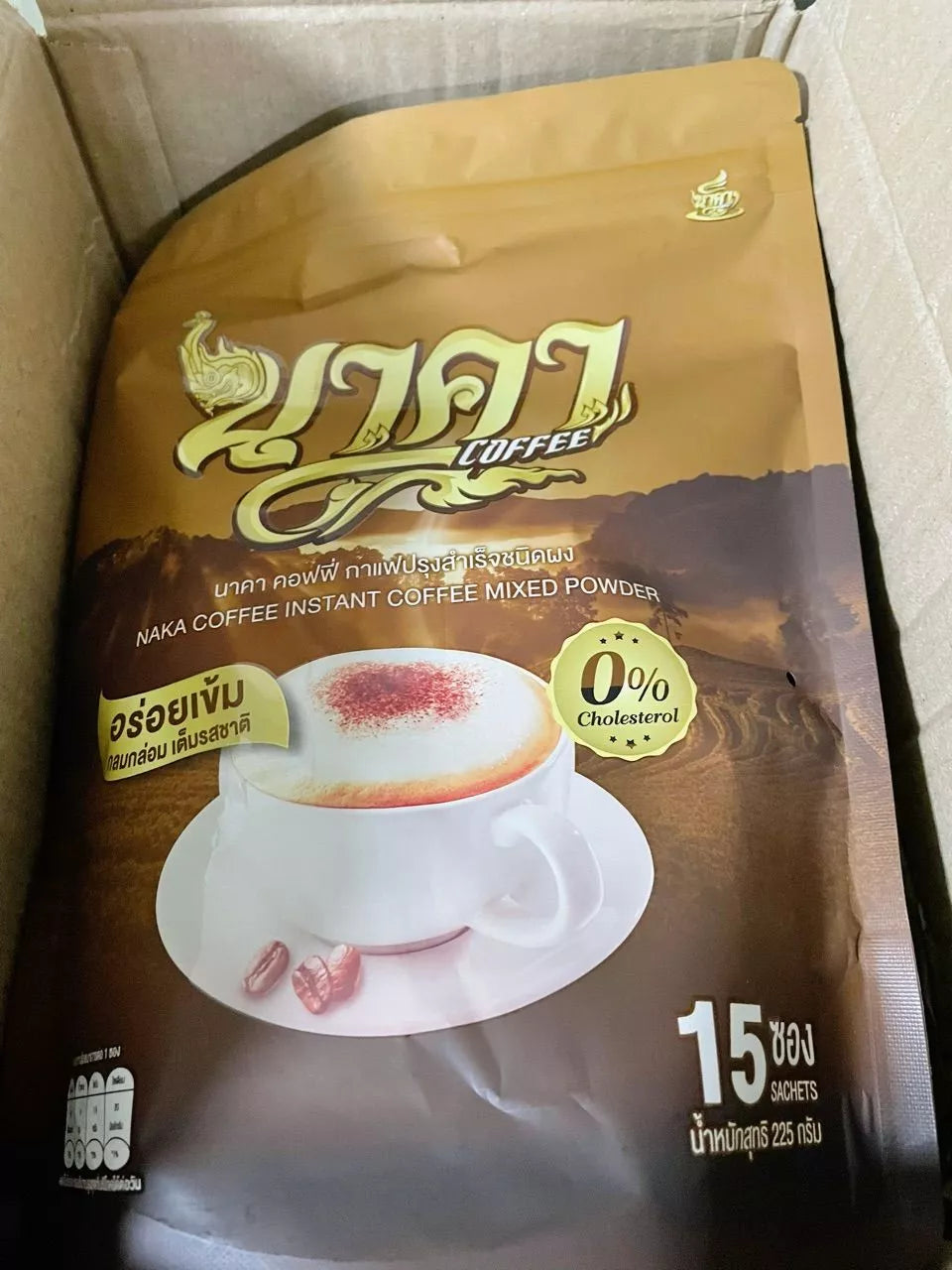 Naka Instant Coffee box packaging with sachets and product display