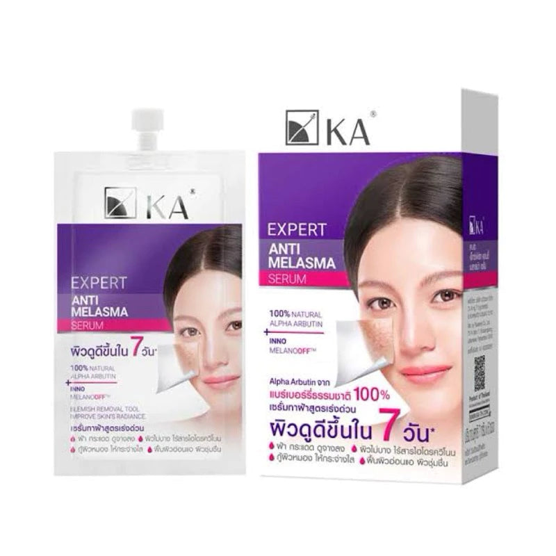 KA Expert Anti Melasma Serum packaging with product and description, promoting skin radiance and melasma treatment.