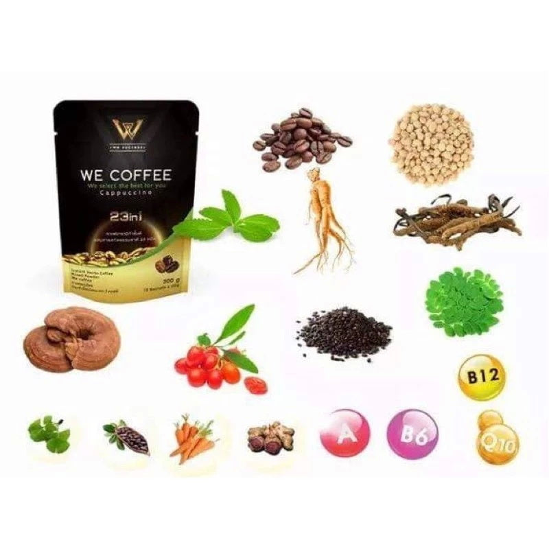WE Coffee 23 in 1 with illustrated natural herbal ingredients displayed around the pack.