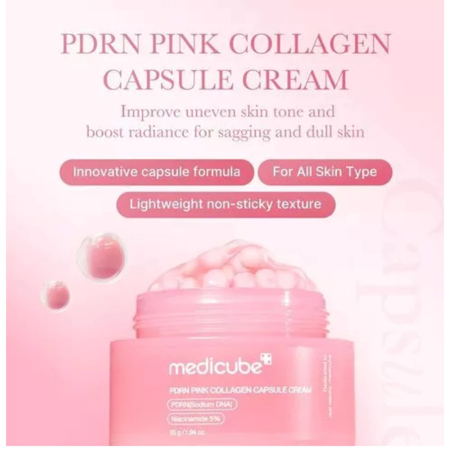 Medicube PDRN Pink Collagen Capsule Cream infographic highlighting sodium DNA niacinamide and collagen benefits