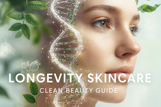 Longevity Skincare Clean Beauty concept showing a woman's face with natural leaves and a glowing DNA strand, representing long-term skin health and gentle botanical ingredients.