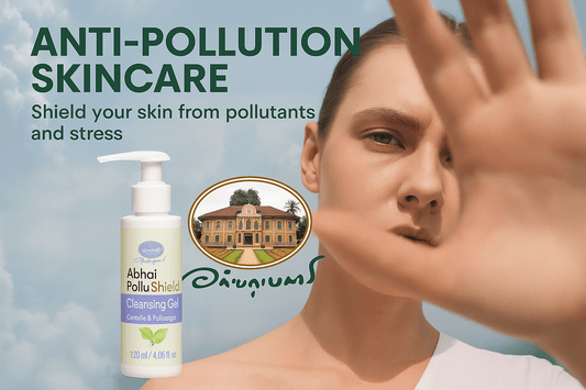Woman using Abhai PolluShield Cleansing Gel for anti-pollution skincare to protect against pollutants and stress.