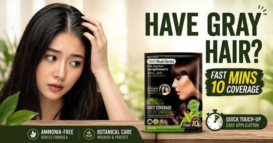 Bio Nutrients Color Shampoo packaging with model showcasing effortless gray coverage in just 10 minutes.