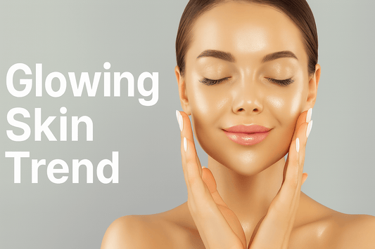 Woman showcasing radiant, glowing skin trend with a clean, natural look and soft smile.