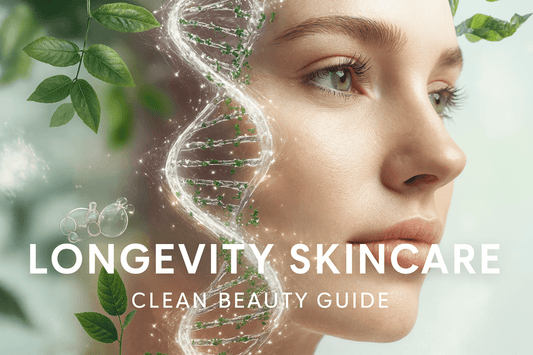 Longevity Skincare Clean Beauty concept showing a woman's face with natural leaves and a glowing DNA strand, representing long-term skin health and gentle botanical ingredients.