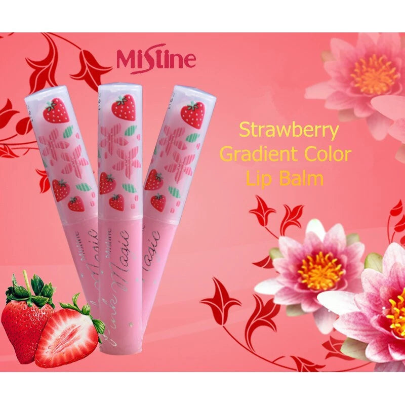 MISTINE Pink Magic Lip Balm Strawberry Vitamin E 1.7g multiple pack set with pink background