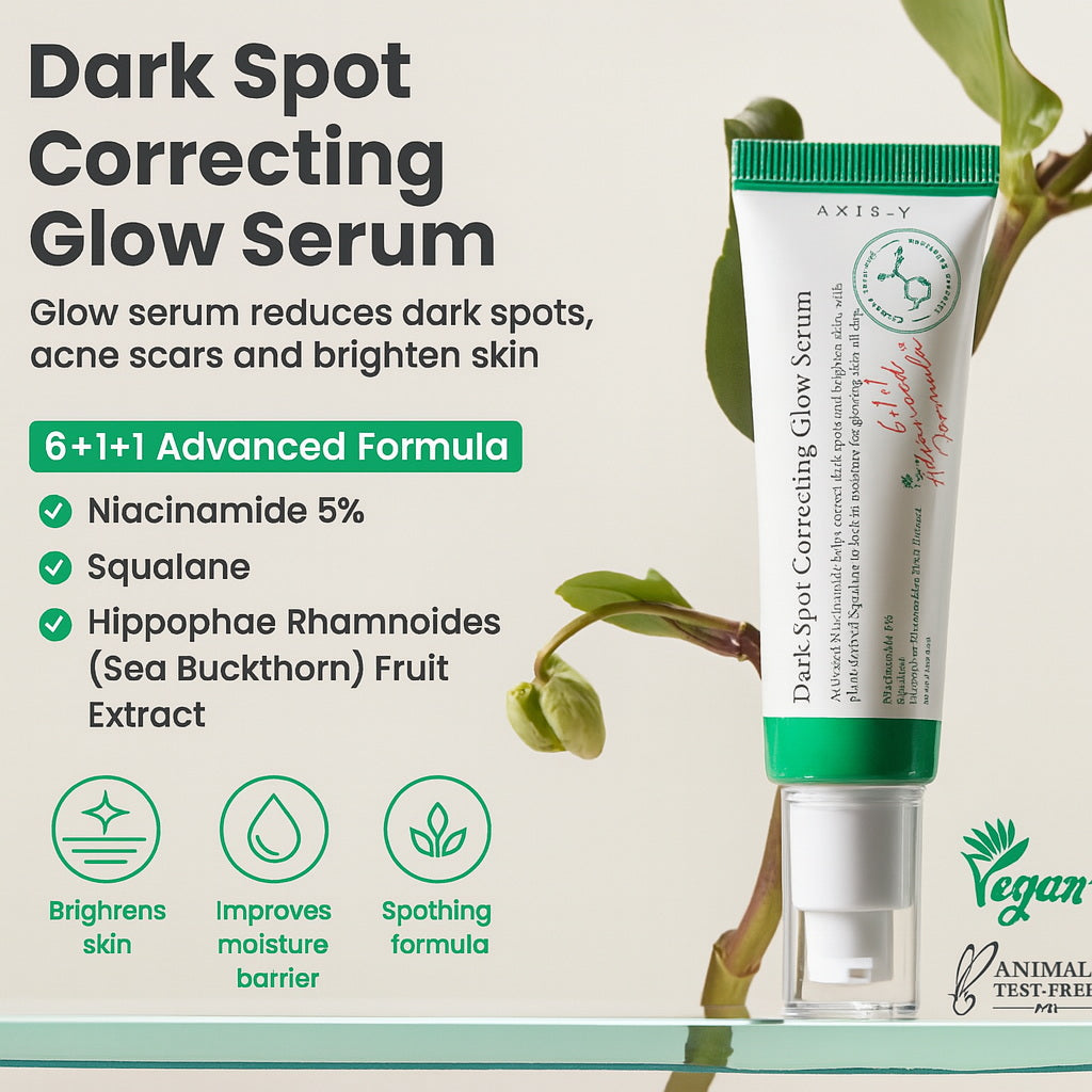 AXIS-Y Dark Spot Correcting Glow Serum tube highlighting its benefits for brightening and evening skin tone.