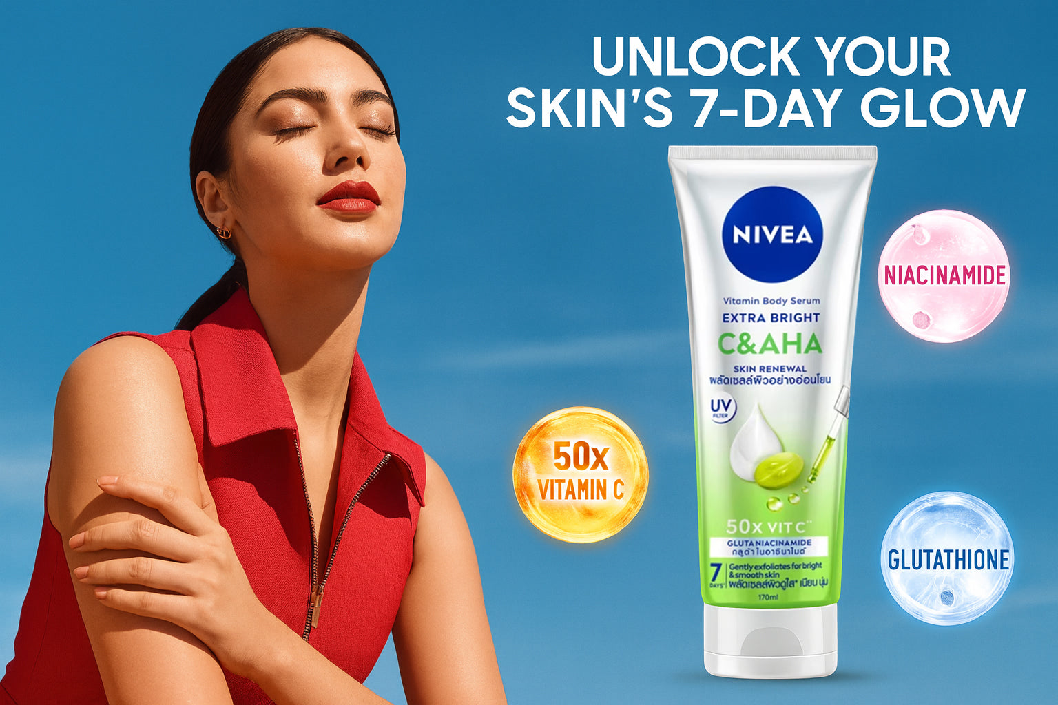 Nivea C AHA Vitamin Body Serum Extra Bright Skin Renewal 170ml product front view with clear white background.
