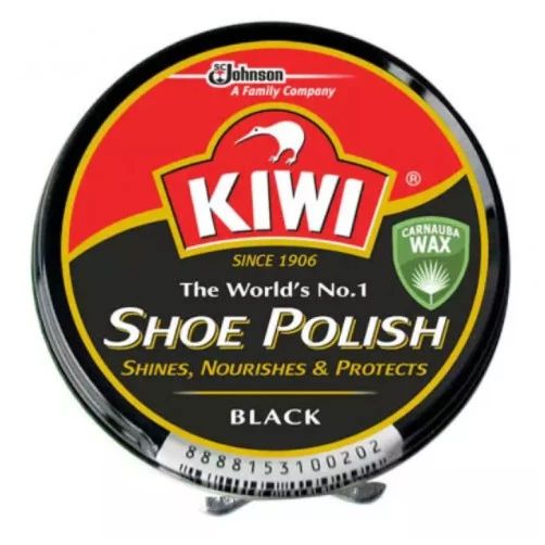 KIWI Black Shoe Polish front label showing Carnauba Wax formula and black 100ml tin