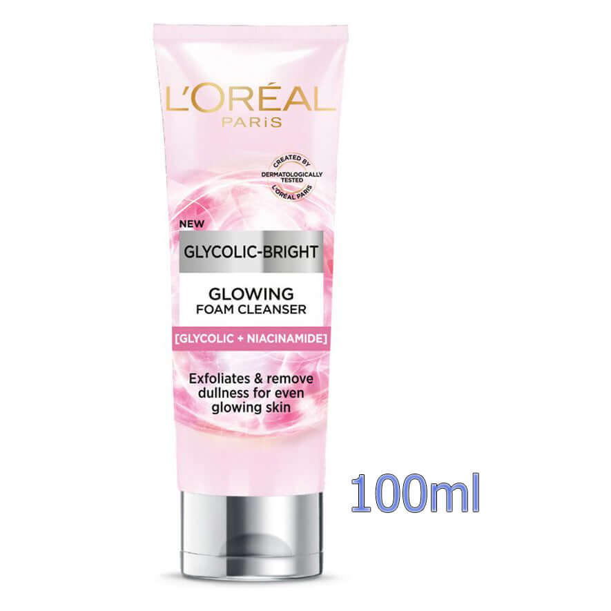 A 100ml pink tube of LOreal Glycolic Bright Cleanser daily foaming facial wash with a white text overlay indicating "100ml".