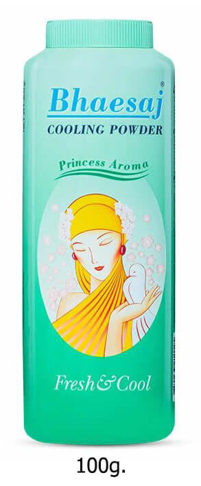 Bhaesaj Cooling Powder Princess Aroma packaging featuring a smiling girl, promoting fresh and cool body care.