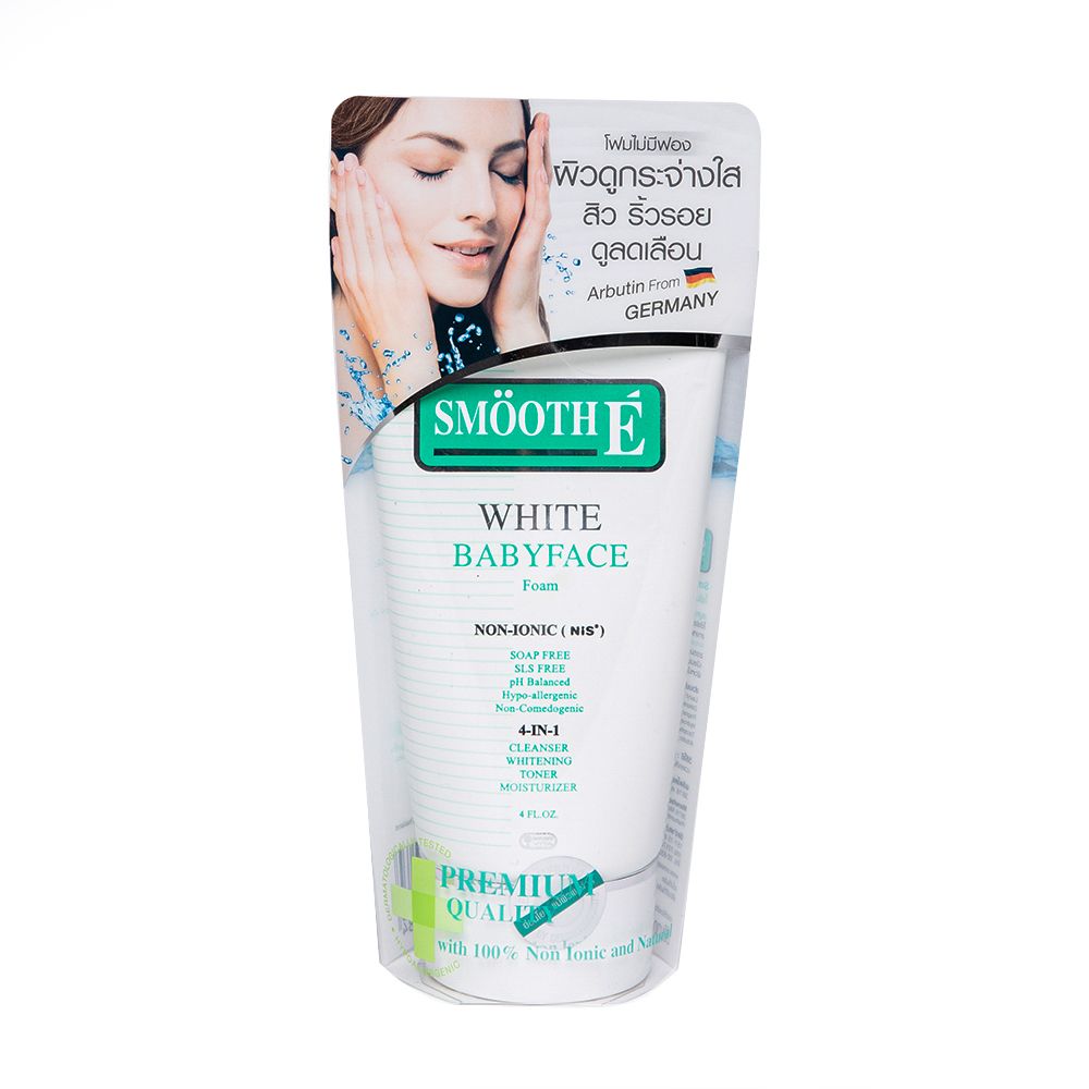 Smooth E White Babyface Foam tube with product information panel