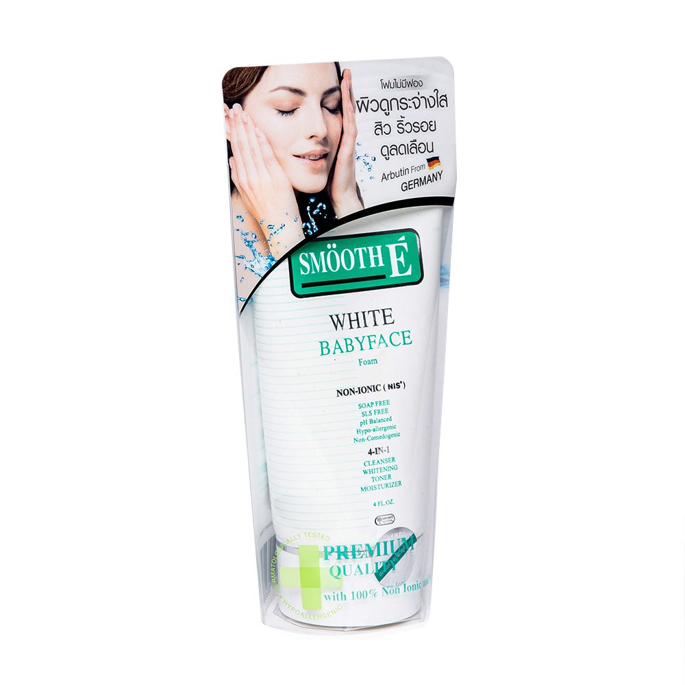 Smooth E White Babyface Foam front tube image with model background