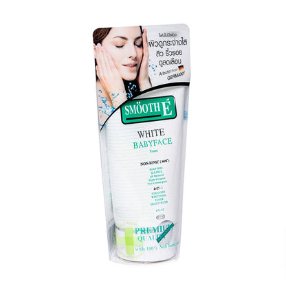 Smooth E White Babyface Foam front tube image with model background