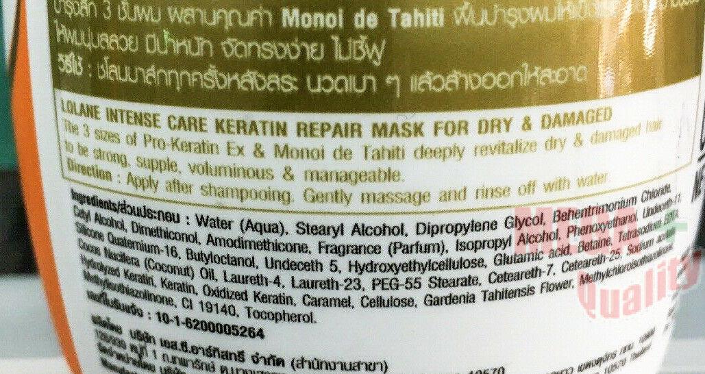 Lolane Keratin Repair Mask back label with product information and usage instructions