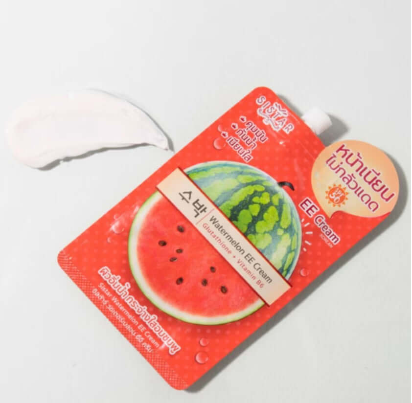 Sistar Watermelon EE Cream SPF50 PA++ packaging with a sample cream beside it for oil control facial sunscreen.