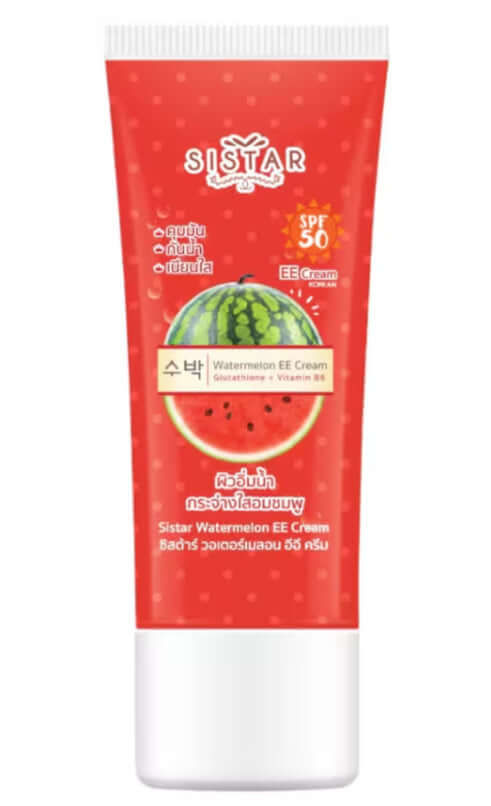 Sistar Watermelon EE Cream SPF50 PA++ Oil Control Facial Sunscreen tube with watermelon design.