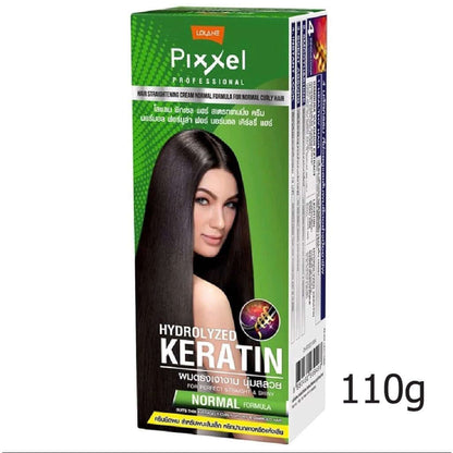 Lolane Pixxel Straightening Cream packaging showcasing hydrolyzed keratin for normal hair, 110g size.
