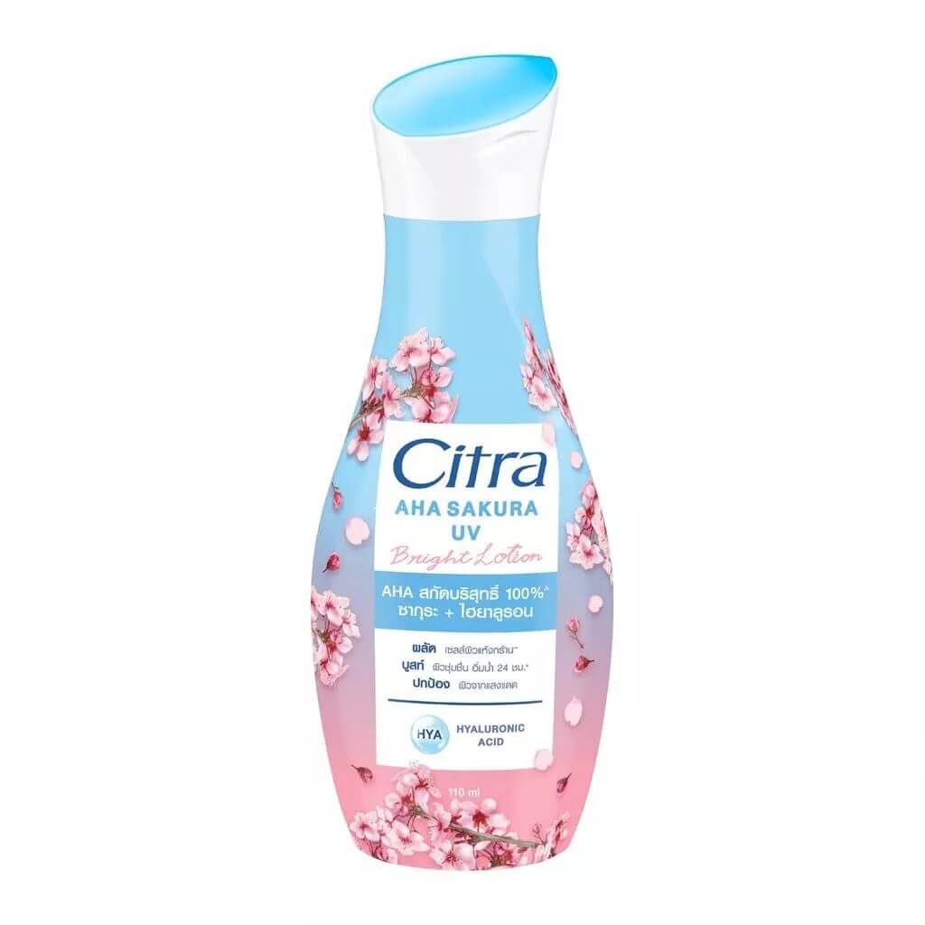 Citra AHA Sakura Lotion packaging 110 ml with cherry blossom design, highlighting moisturizing and UV protection benefits.