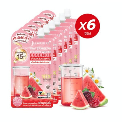 Jula's Herb Watermelon Essence 6x15g Hydro Bright Fermented Collagen in pouches with watermelon slices and a beaker.