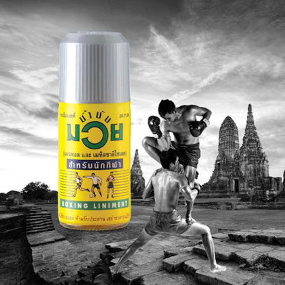 Namman Muay Liniment Oil promotional photo highlighting its Thai boxing heritage and traditional pain-relief legacy