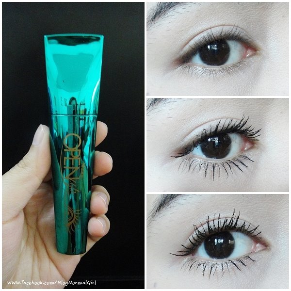 Mistine Open Up Peacock Mascara application steps showing wide lash separation