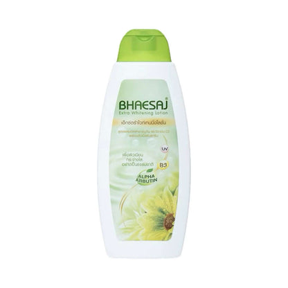 Bhaesaj Arbutin Body Lotion Extra Whitening Vitamin B3 Moisturizer in a sleek bottle with a green cap.