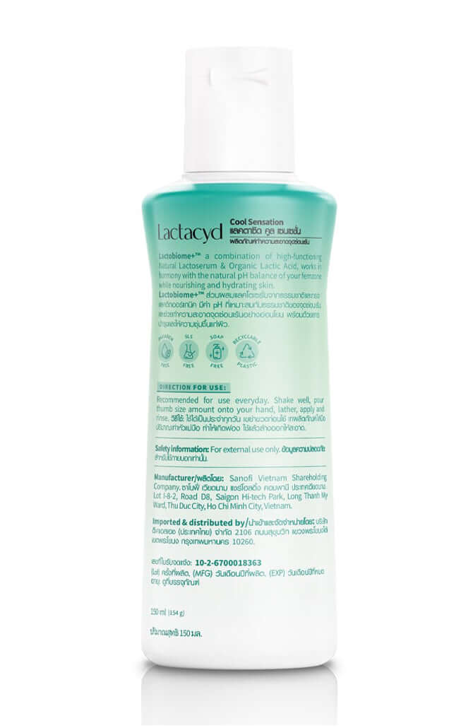 Lactacyd Feminine Wash Cool Sensation Daily Hypoallergenic Cleanser bottle back view with usage instructions and ingredients.