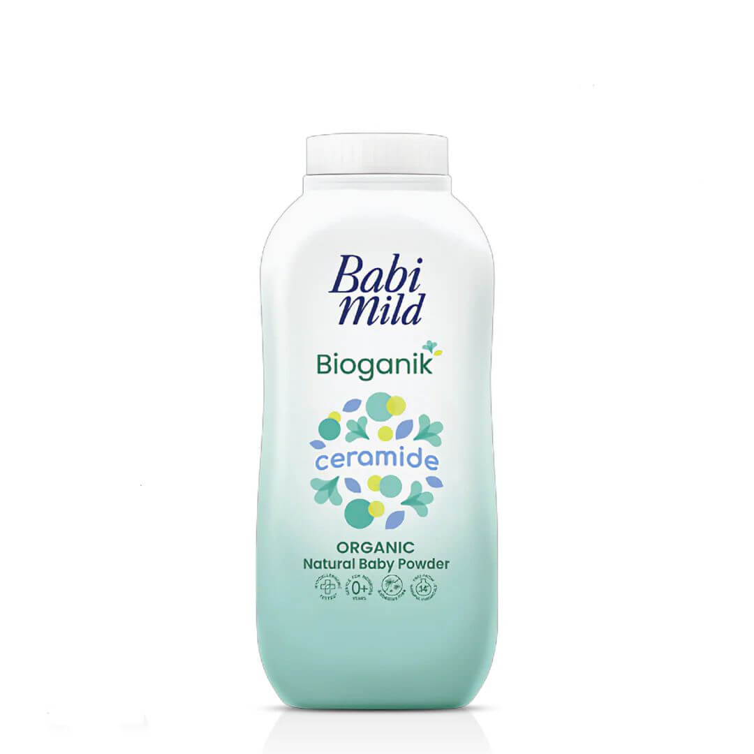 Front view of Babi Mild Bioganik Baby Powder 350g bottle displaying the brand name and ceramide formula design.