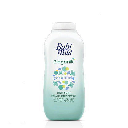 Front view of Babi Mild Bioganik Baby Powder 350g bottle displaying the brand name and ceramide formula design.