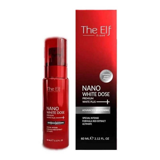 Elf Nano White Dose Serum bottle and box packaging in red design showing brightening and anti-aging formula