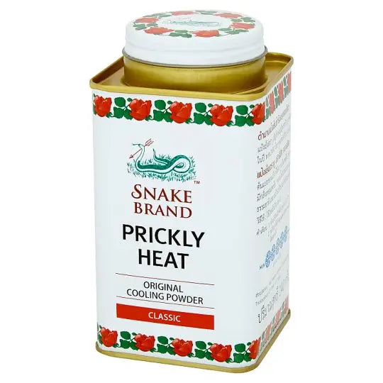 Snake brand prickly heat powder side label displaying product information and cooling relief details in Classic version