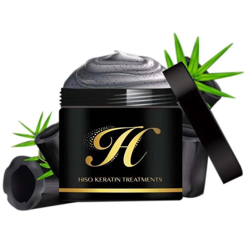 Hiso Keratin Treatment jar with herbs and charcoal for hair repair display