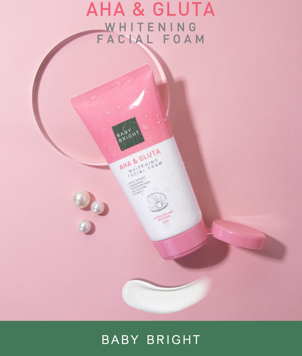 Baby Bright Gluta Facial Foam flatlay with pink background and decorative props