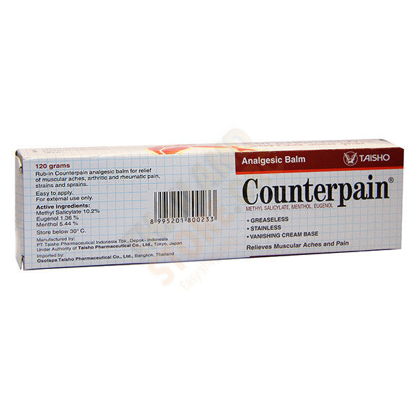 Close-up of Counterpain Analgesic Balm 120g packaging box and tube