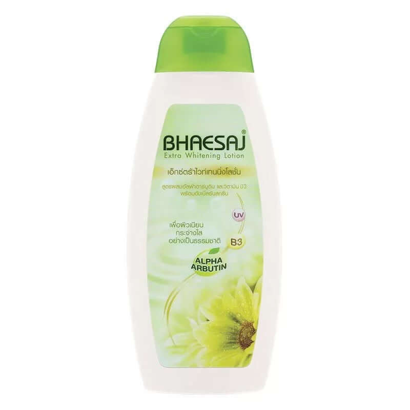 Bhaesaj Arbutin Body Lotion packaging featuring extra whitening formula with Alpha Arbutin and Vitamin B3