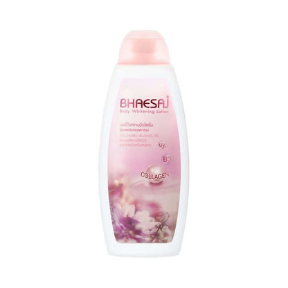 Bhaesaj Collagen Body Lotion Vitamin B3 Moisturizer Whitening UV Daily in a white bottle with floral design.
