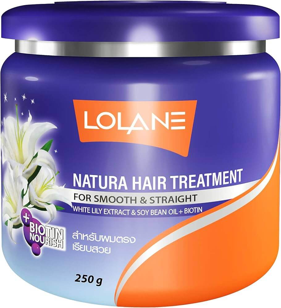 Lolane Natura Hair Treatment for smooth and straight hair, featuring white lily extract and biotin, 250g product container.