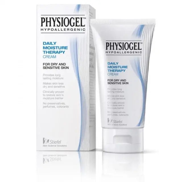 Physiogel Daily Moisture Cream 75ml with outer carton and tube, highlighting key product claims