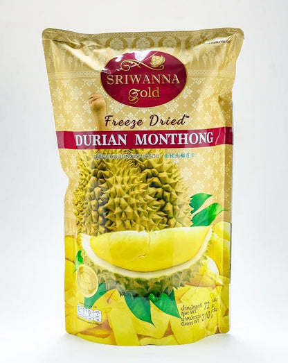 Sriwanna Freeze Dried Durian front packaging showing Monthong durian premium Thai snack